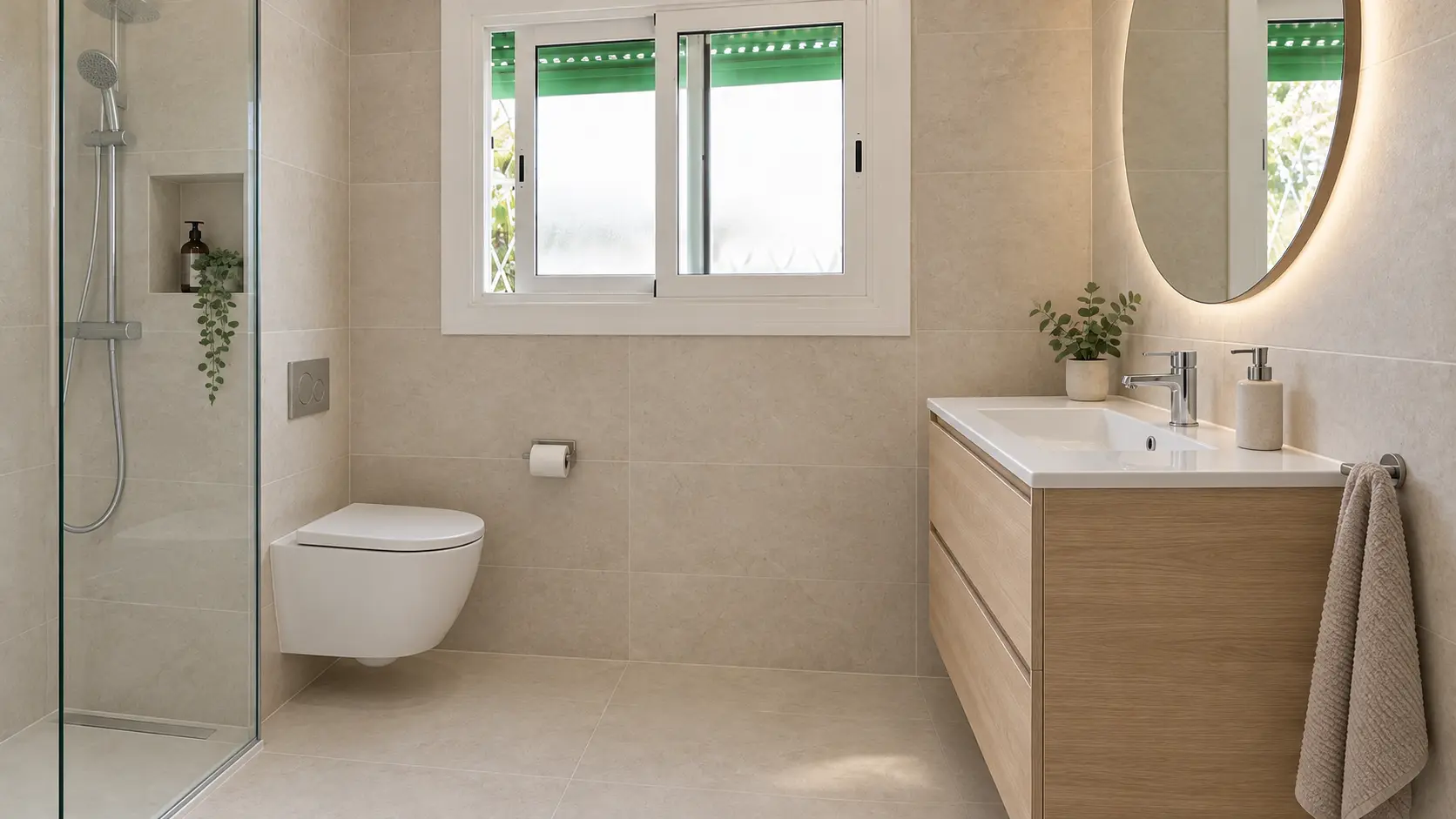 Simulación con IA del mismo baño, con ducha de cristal y mueble de madera