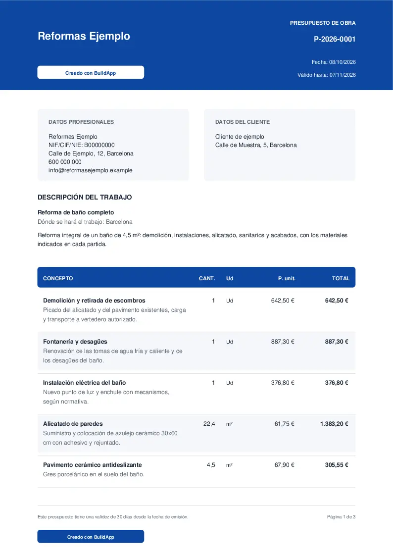 Ejemplo de presupuesto con partidas, cantidades y precios